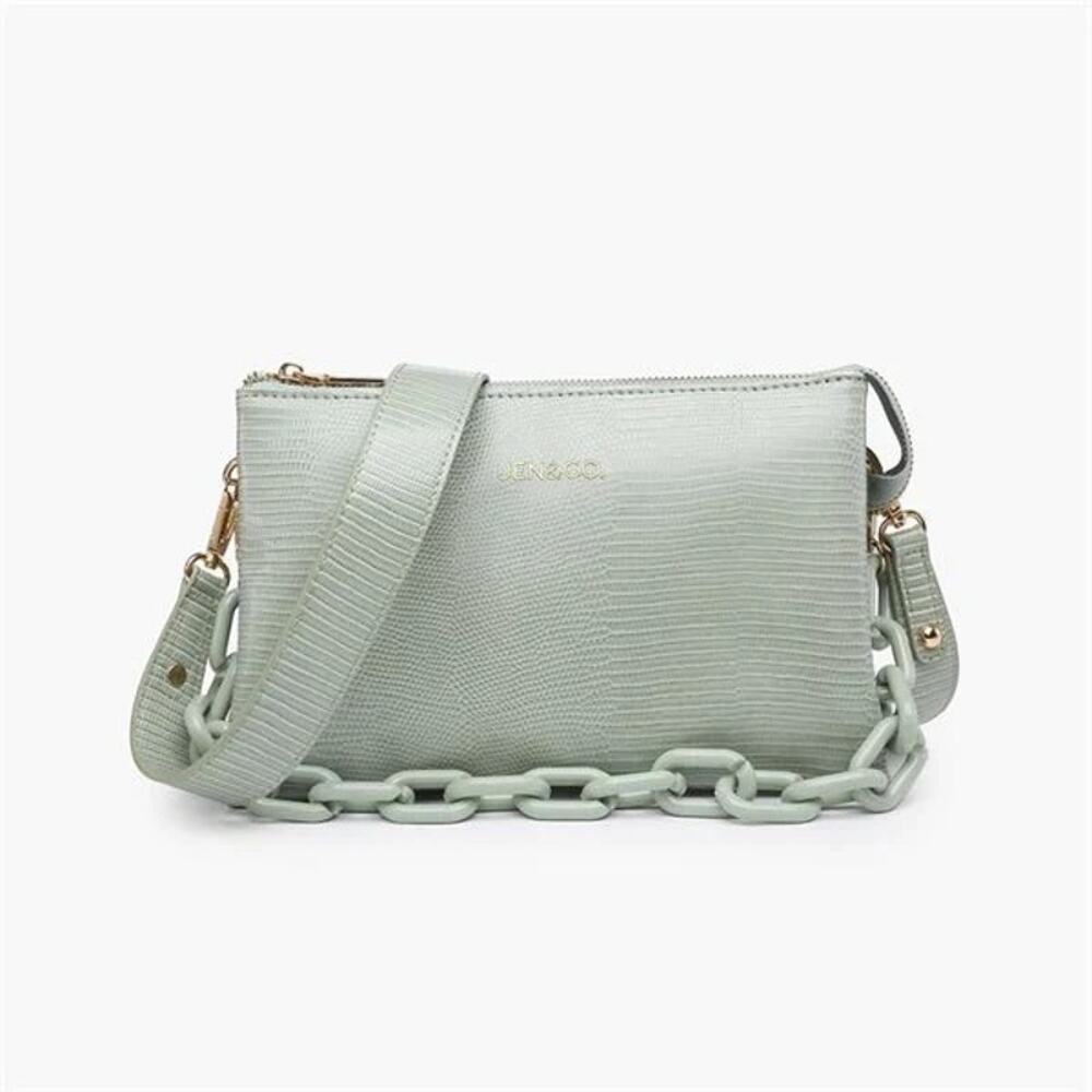 Jen & Co Izzy Lizard Embossed Crossbody Bag Green Chain Strap Purse Vegan